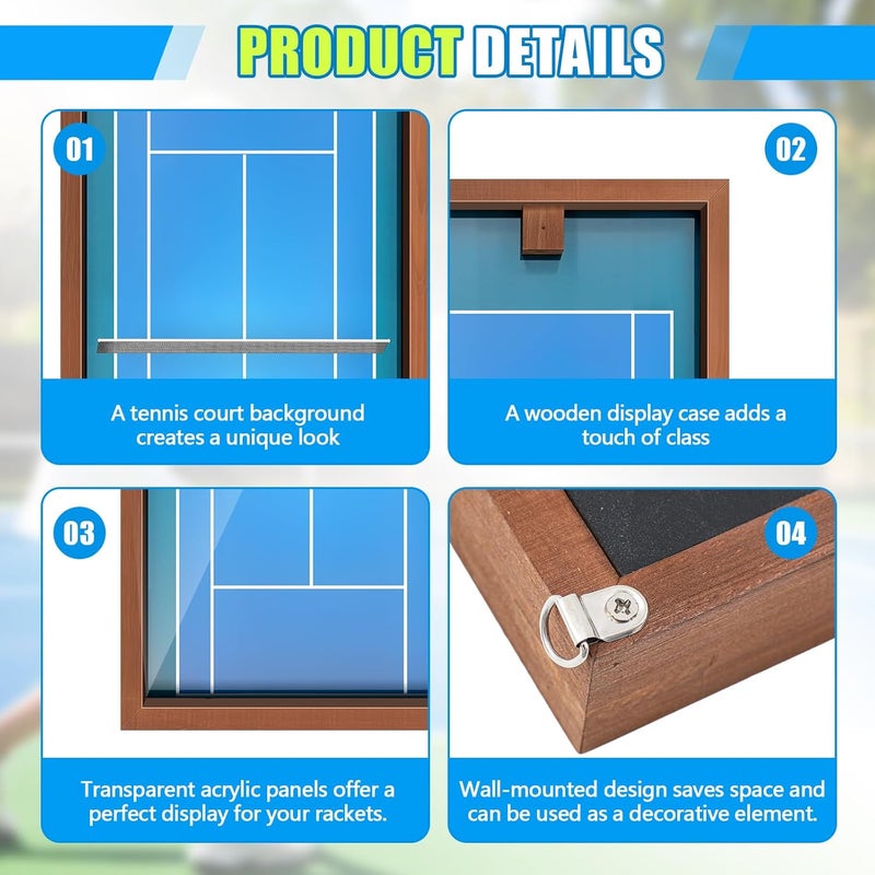 Chunful Wooden Tennis Racket Display Frame Wall Mounted Tennis Racket Storage Rack Display Stand with Walnut Base Copper, 31.5 x 15.8 Inch - Image 3